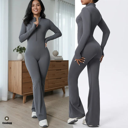 Women Long Sleeve Flare Workout Zip Up Romper Bottom Pants Wide Leg Bodysuit Bodycon One Piece Jumpsuit Activewear XP27