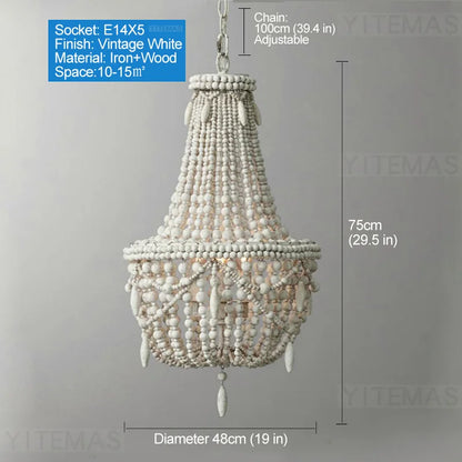 French Country white wood Bead Chandelier dining room bedroom princess Decorative chandelier 3/5 lights hanging light fixture