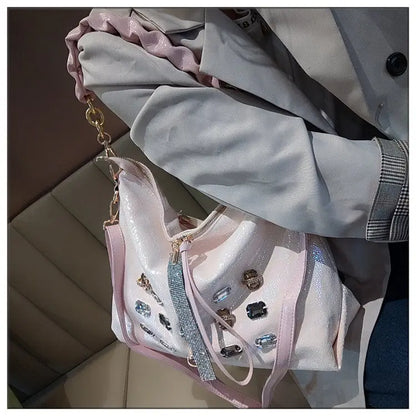 2026 New Fashion Diamonds Women Handbags Genuine Leather Tote Bag Large Capacity Work Commute Leisure Versatile Shoulder Bags