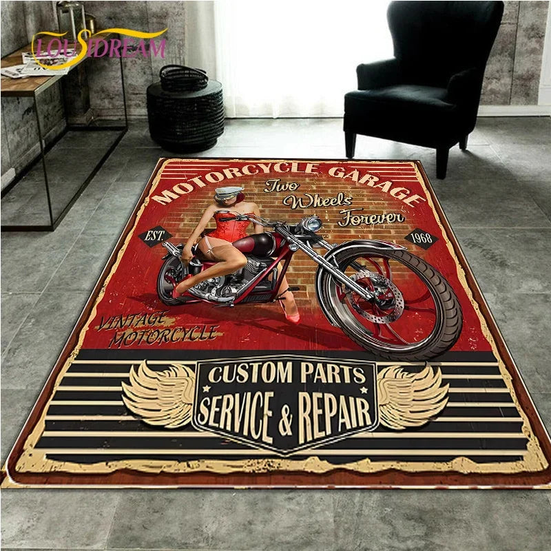 Retro Motorcycle Area Rug Carpet Moto Fans Non-slip Large Door Step Mat Bathmat for Living Room Bedroom Entrance Home Decoration