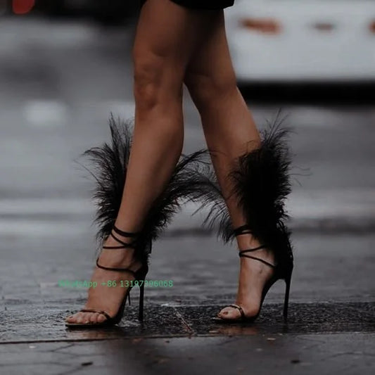 Lady fur sexy black feather design lace up high heels open toe T show sandals solid elegant pumps banquet footwear party shoes