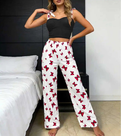 Women's Butterfly Print Tie Strap Cami Long Pants Pajama Set Summer Sexy Lounge Wear 2 Piece Set Female Soft Sleepwear