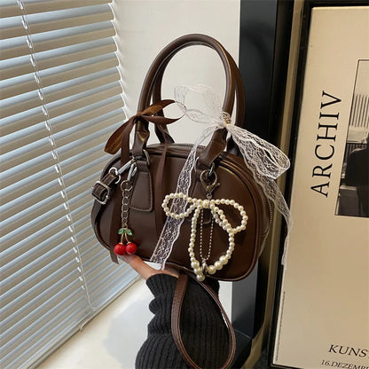 Vintage Leopard Pu Shoulder Bags for Women Portable Trendy Ladies Crossbody Bag Lace Pearl Pendant Female Bowling Handbags