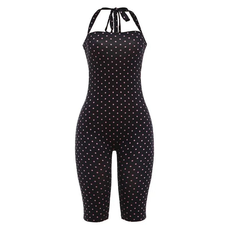 FAGADOER Sexy Polka Dot Halter Romper Fashion Print Backless Bodycon Jumpsuits Women Summer Streetwear Party Club Playsuits New
