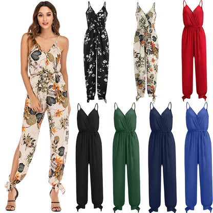 Spring and Summer Women's New Camisole Jumpsuit Cross-Border Printed Sexy Backless Lace Up V-Neck