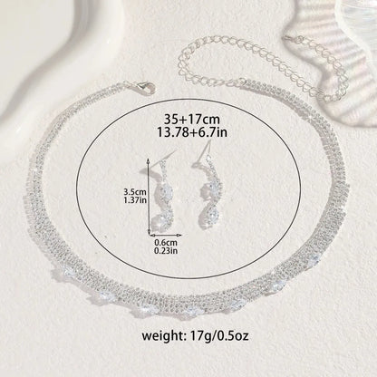 Ladies' Fashionable Silver-Plated And Diamond-Encrusted Metal Necklace, Earrings Set, Bride'S Wedding Attire And Accessories