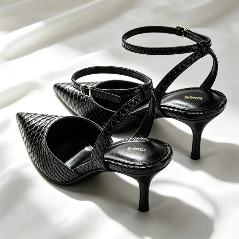 Black Embossed Upper Slingback Pumps Women Sexy Pointed-Toe Ankle-Strap Buckle Kitten-Heel Sandals Luxury Brand Designer Shoes