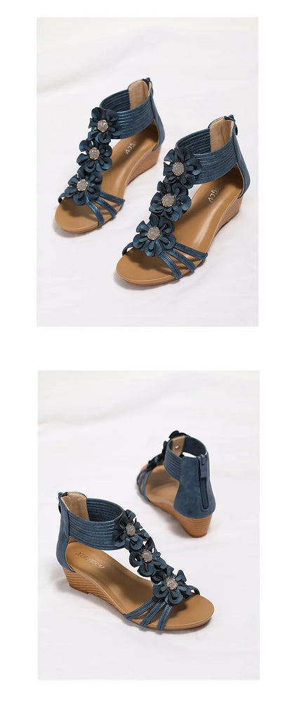 High quality leather flat sandals for women 5cm mid heel flower summer 2026 36 42 open toe casual beach shoe blue pink brown