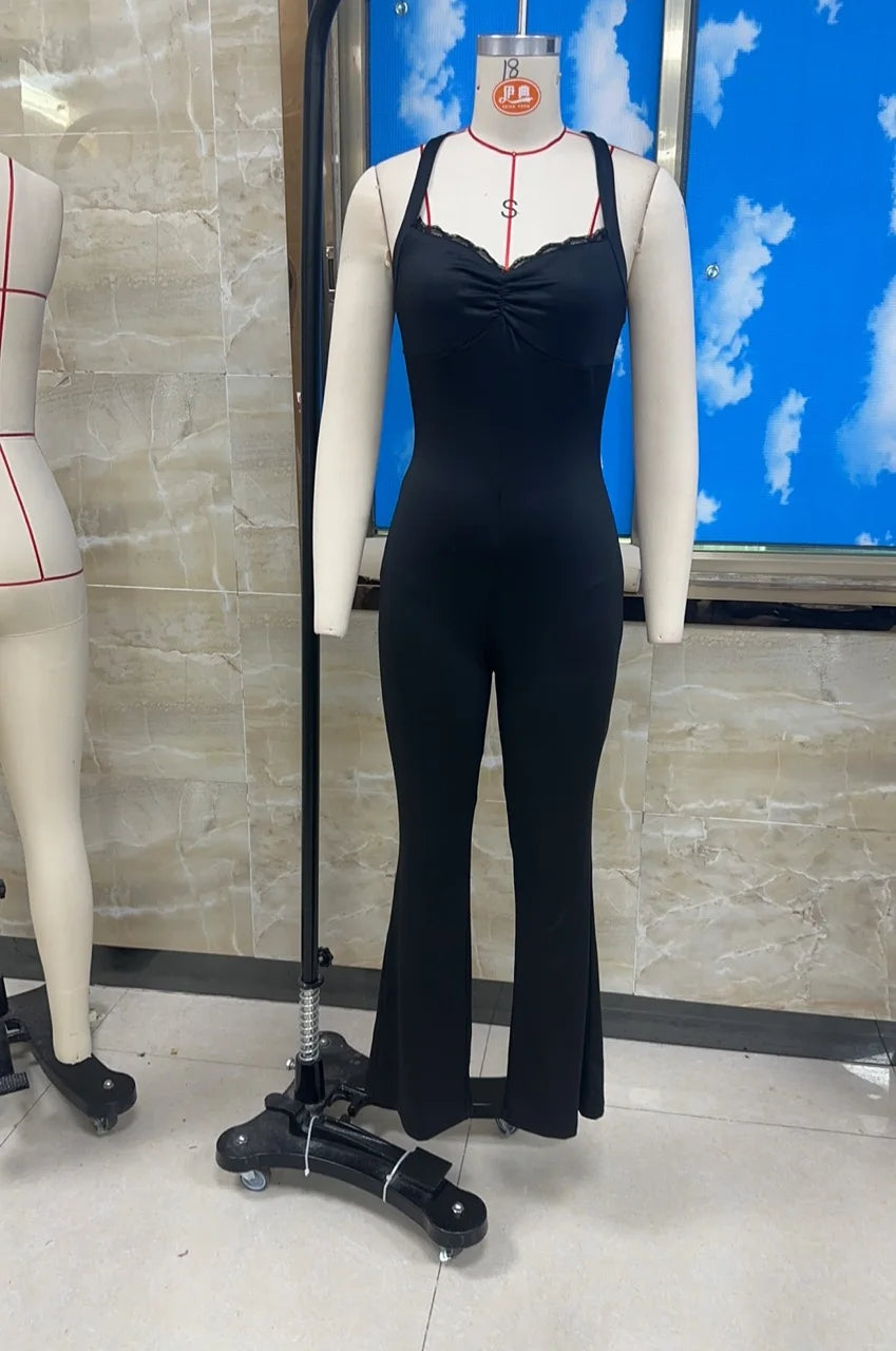 Women's Cleanfit Sleeveless Slim Fit Jumpsuit Lace Trim Patchwork Ruched V-Neck Back Cross Flare Long Pants Rompers