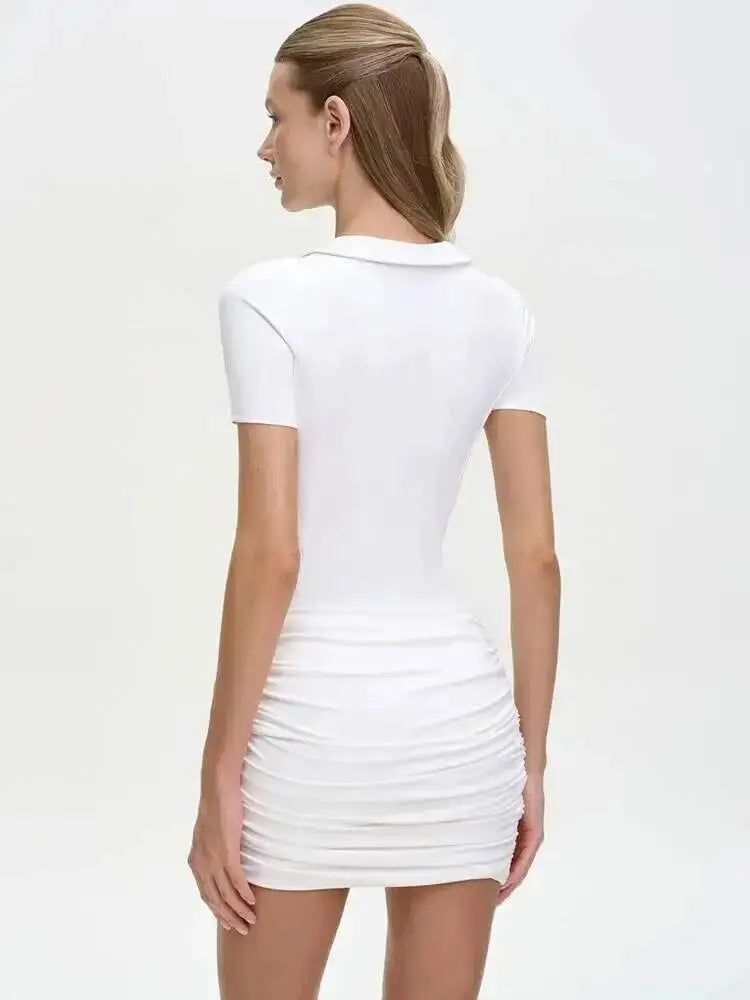 Sibybo Polo Collar Zipper Women Jumpsuits Set Short Sleeve High Elastic Rompers Ruched Bodycon Skirt Spring Casual Matching Sets