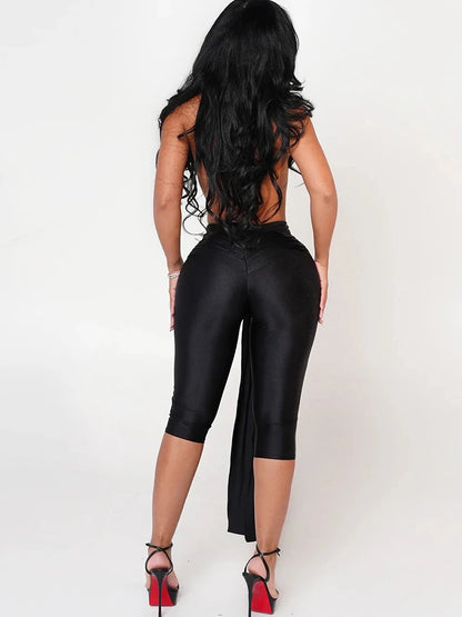 Weird Puss Patchwork Halter Romper Women Ribbon Sleeveless Elastic Backless Workout Activewear Midnight Activity Slim Playsuits