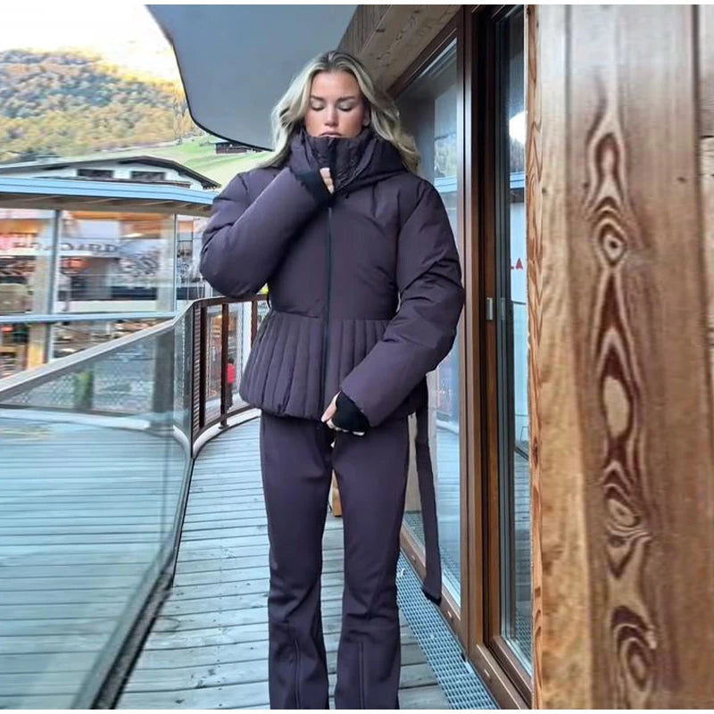 Chic Hooded One Piece Women's Winter Ski Suits Belt Stand Collar High Waist Pockets Overall Jumpsuits 2026 New Lady Warm Skiwear