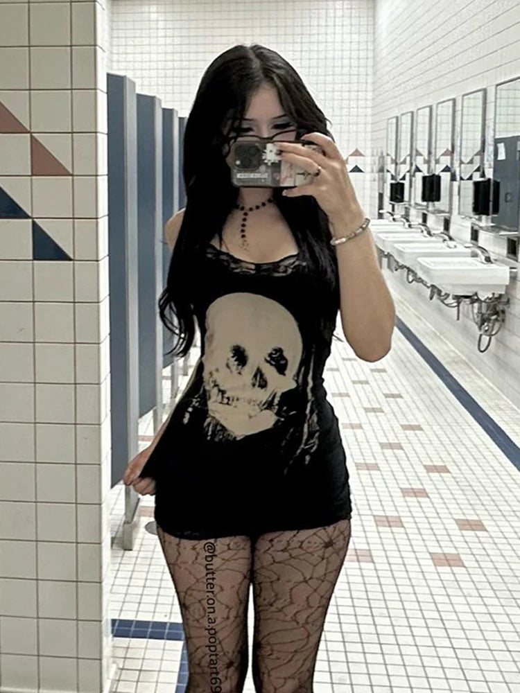 AltGoth Cyber Punk Gothic Dress Women Streetwear Harajuku Skull Printed Sleeveless High Waist Bodycon Dress Grunge Rave Outfits