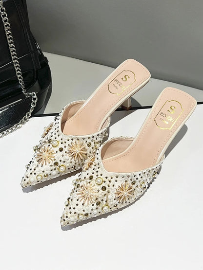 Luxury String Bead Decoration Design Brand High Heel Slippers Women Shiny Rhinestone Slide Sandals Elegant Wedding Bridal Shoes