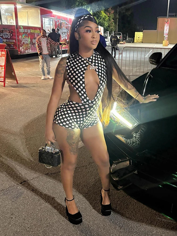 Weird Puss Polka Dot Sexy 2 Piece Set Women Side Split Sleeveless Bandage Bodysuit+Shorts Matching Hipster Party Clubwear Suits