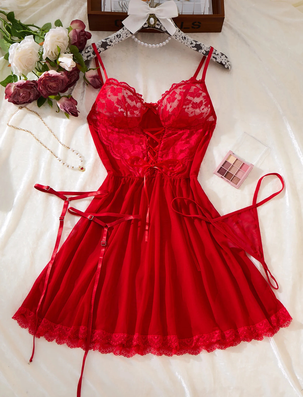 Transparent Red Seamless Sexy Lace Women's One-piece Romantic And Passionate Nightgown Straps Bodysuits Chic Patchwork Jumpsuits