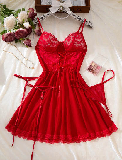 Transparent Red Seamless Sexy Lace Women's One-piece Romantic And Passionate Nightgown Straps Bodysuits Chic Patchwork Jumpsuits