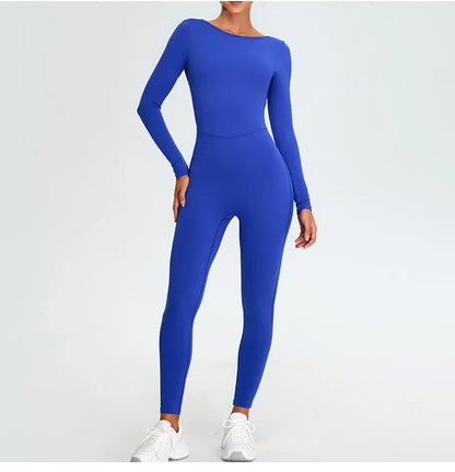 New Summer Sexy V Back Gym Sports Jumpsuit Yoga Clothes Rompers Women Long Sleeveles Workout Bodysuits Backless One-piece Suit
