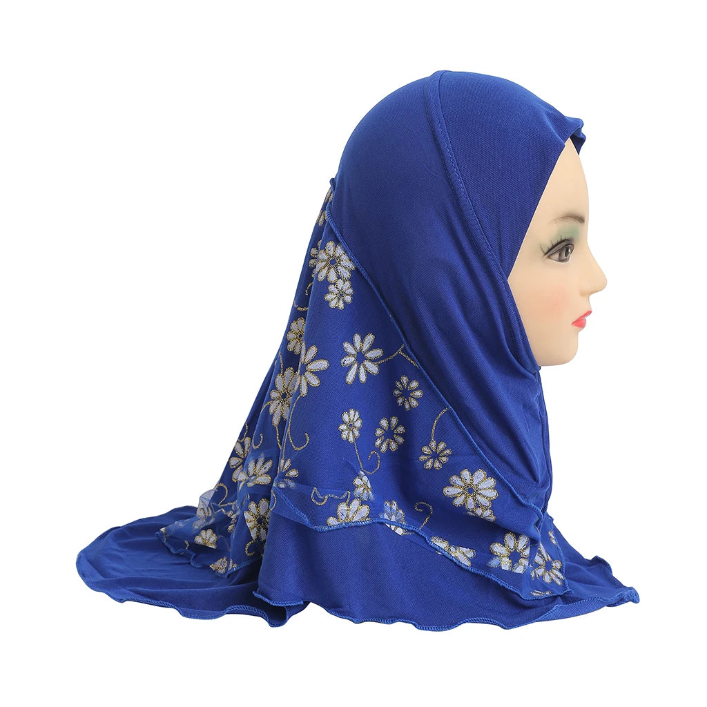 H043 beautiful small girl hijab with flower net cute hijab hats women's caps can fit 2-6 years old girls muslim baby headscarf