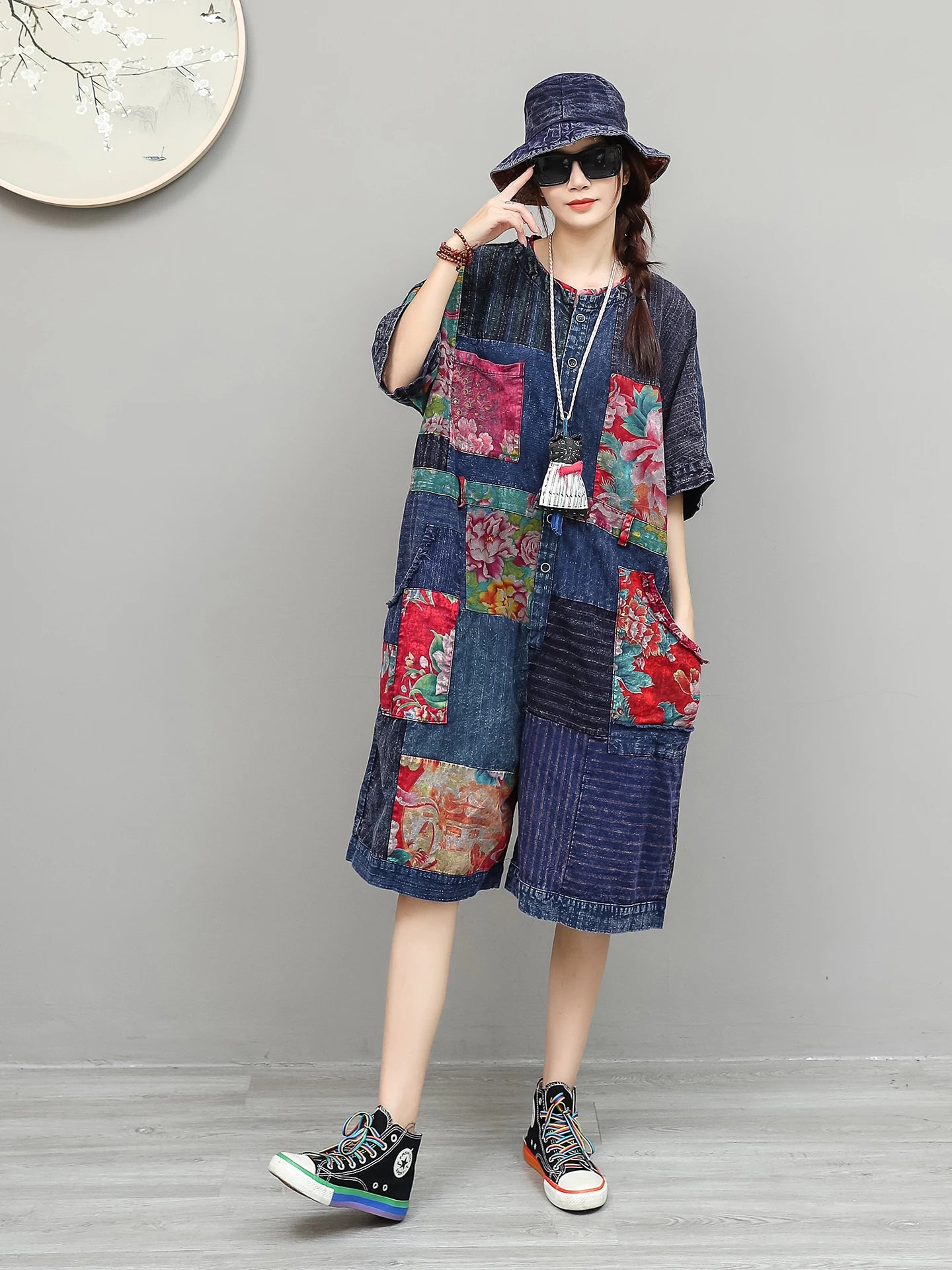 Unique Design Vintage-style Patchwork Large Floral Print Jumpsuit Women Summer Loose Casual Romper LX6155