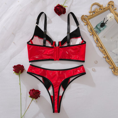 European and American spicy girl comfortable contrasting PU leather slim fit shaping sexy lingerie two-piece set