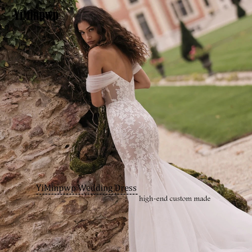 Off Shoulder Mermaid Wedding Dresses for Bride Backless Sweep Train Lace Tulle Summer Garden Beach Bridal Gowns свадебное Custom