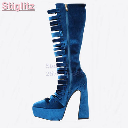 Blue Velvet Irregular Buckle Knee-high Boots Pointed  Toe Side Zipper Chunky High Heels Boots 2026 Summer New Women Punk Shoes