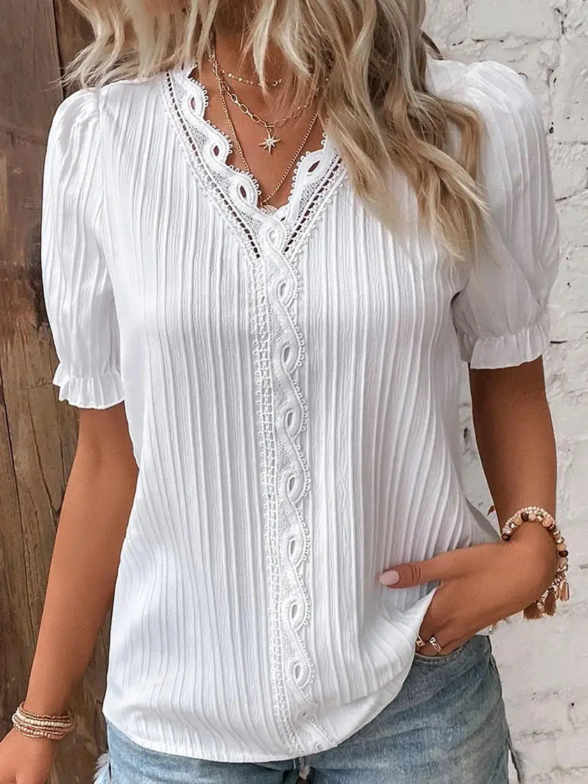 Elegant Women Blouse Shirt V Neck Lace Patchwork Short Sleeve Shirts For Women Summer Lady Tops