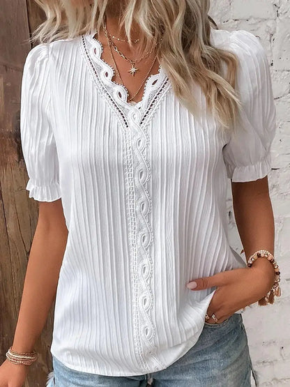 Elegant Women Blouse Shirt V Neck Lace Patchwork Short Sleeve Shirts For Women Summer Lady Tops