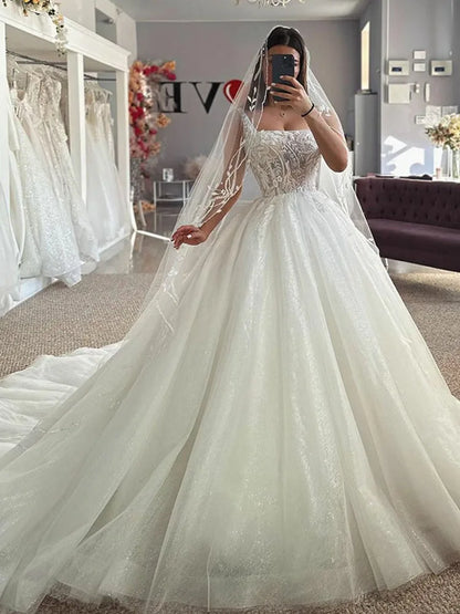 LORIE Luxury Lace Wedding Dresses A Line Square Neck Sleeveless Shiny Glitter Tulle Bride Dress Wedding Gowns Customize 2024
