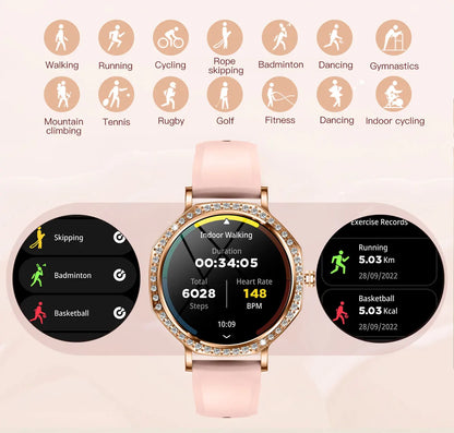 2026 New Ladies' Fashion Smartwatch Diamond Frame HD AMOLED Screen Bluetooth Call Health Monitoring Waterproof Smart Watch Gift