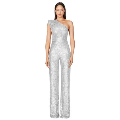 Women Elegant Long Jumpsuits Sexy Glitter Sequin Club Ladies Playsuits Slanted Collar Party Fashion Backless Solid Romper 2024