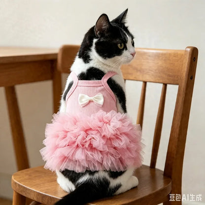 1PC Cute Pink Suspender Dog Tutu Dress With Bow, Breathable Ribbed Pet Princess Tulle Skirt,  Small Dogs & Cats