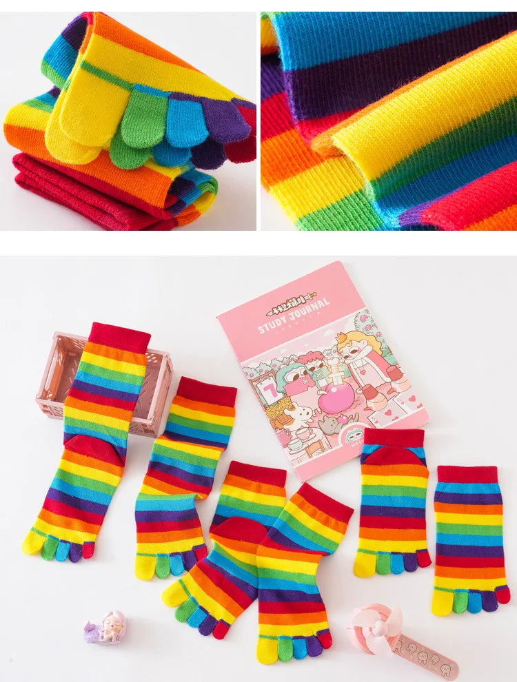 Split Toe Rainbow Socks Woman Lady Girls Colorful Striped 5 Finger Socks Cotton Bright Color Young Fashion Happy Socks with Toes