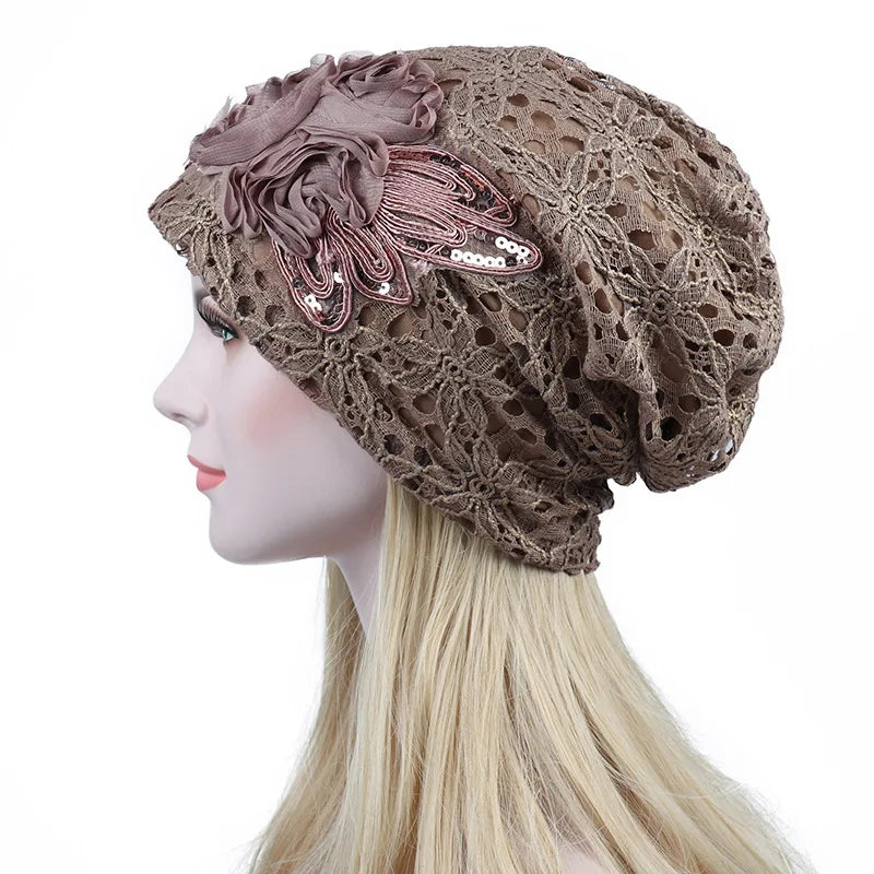 Elegant Women Sequins Lace Turban Cap Flowers Muslim Headwear Hat Female Head Wraps Ladies Headscarf Bonnet Turbante Mejur