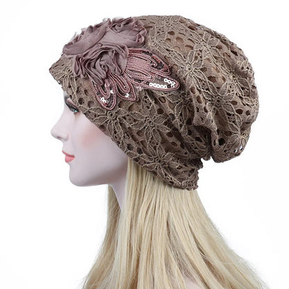 Elegant Women Sequins Lace Turban Cap Flowers Muslim Headwear Hat Female Head Wraps Ladies Headscarf Bonnet Turbante Mejur