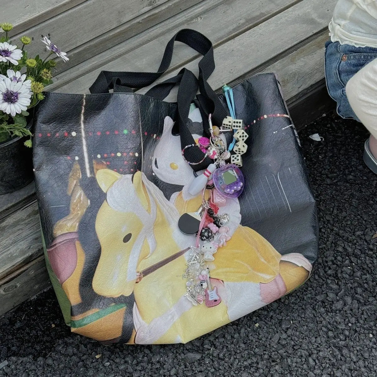 Y2k Hello Kitty Print Handbag Non-woven Fabric Creative Light-weight Shoulder Bag Large Capacity Leisure Shopping Bag for Women