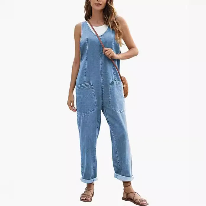 Denim Jumpsuit Women One Piece Sleeveless Rompers Pocket V Neck Spliced Casual Overalls Loose Jeans Jumpsuit Y2k Streetwear