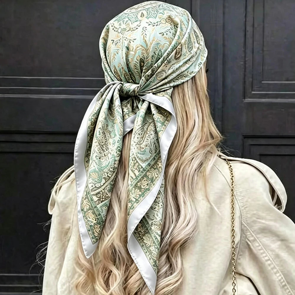 Luxury Satin Paisley Print Silk Scarf Bohemian Multi-Use Shawl High-Quality Bandana Edge Headscarf Commuting Travel Decorative