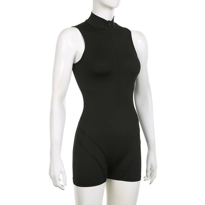 Women's Sexy Solid Short Sleeve Zipper High Collar High Waist Bodycon Jumpsuit Short Onesies Rompers Yoga Workout Gym Jumpsuits