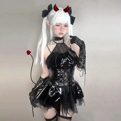 AltGoth Sexy Cosplay Pu Dress Women Harajuku Streetwear Grunge Bandage Hollow Out Bats Dress Punk Y2k E-girl Mall Gothic Clothes