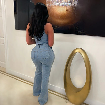 High Street Jeans Stretch Romper Sexy Women One Shoulder Elegant Denim Casual Romper Overalls