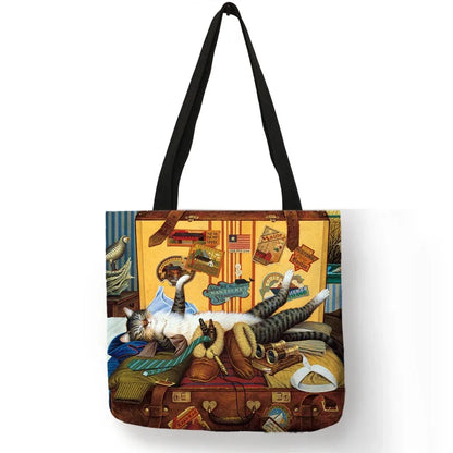 Oil Painting Cat Print Womens Designer Tote Bags Linen Reusable Shopping Bag For Groceries Shoulder Bags for Lady