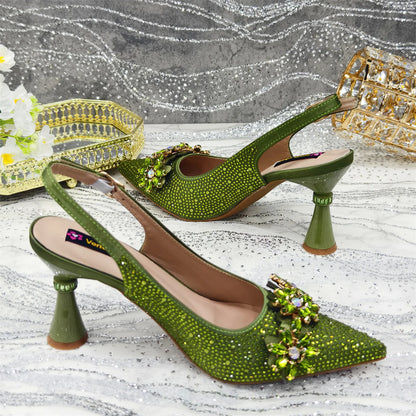 Venus Chan Olive-Green Pointed-Toe Women's High Heels Shoes and Bags for Party Rhinestone Evening Elegant Luxury Handbag