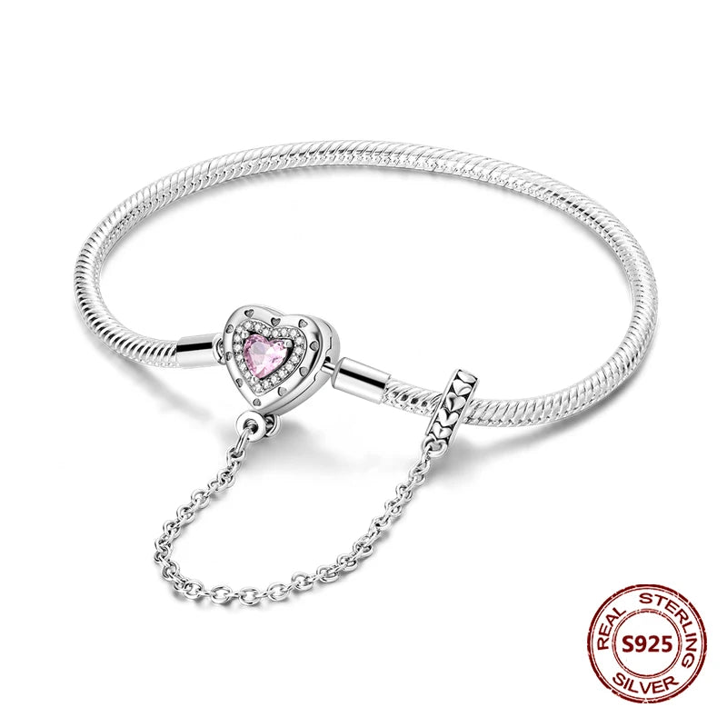 Silver 925 Bracelet Original Bracelets Colorful Zircon Heart Flower Cat Snake Chain For DIY Charms 17-20CM Luxury Jewelry Gifts