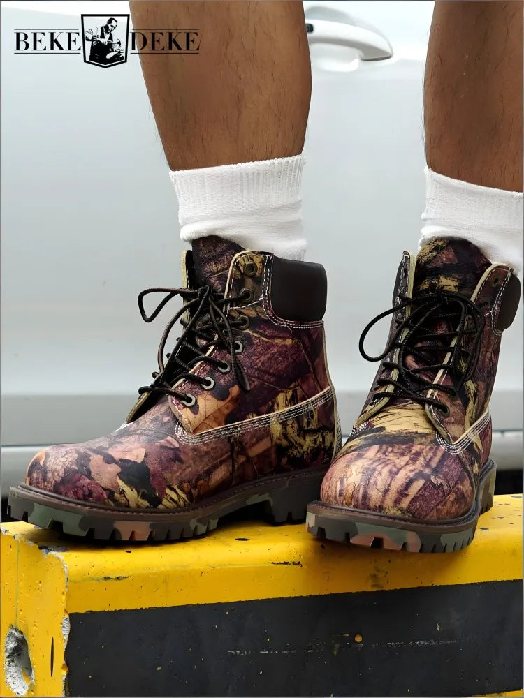 Youth Male Genuine Leather Platform Cross Tied Fashion Boots Mixed Color Cowhide Round Toe Hard Wearing High Top Footwear