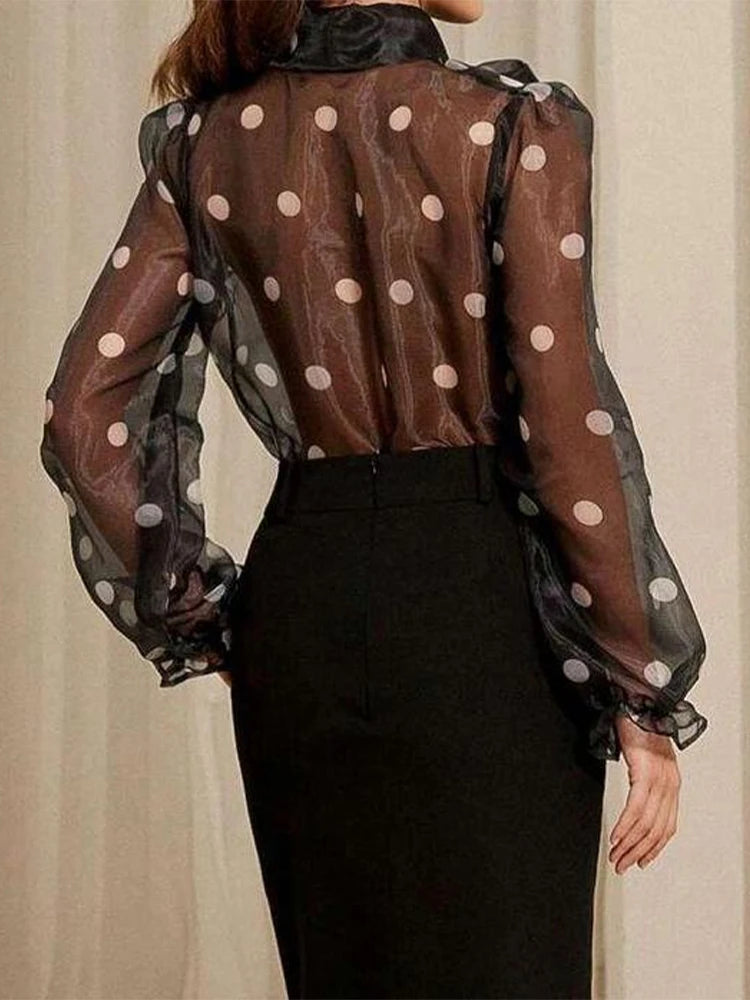 Fashion Women Polka Dot Print Shirt Office Lady Casual Elegant Chic Blouse Lace-up Bow Long Sleeve Loose Top 2025 Ropa Mujer