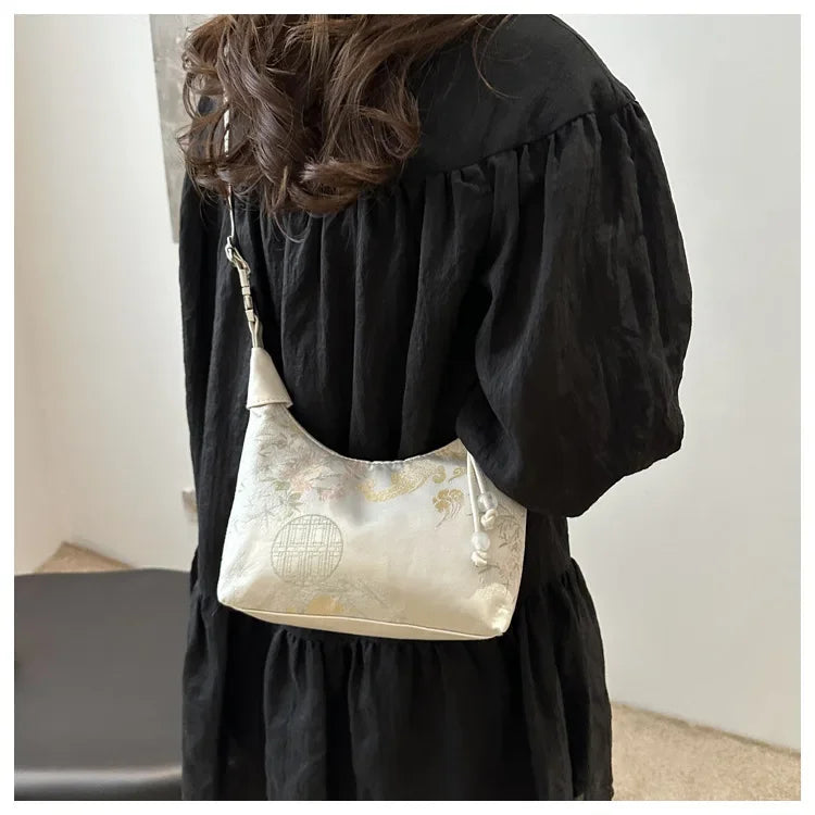 Fashion Luxury Women Embroidery Shoulder Bag Nylon Pearl Pendant Bucket Bag Versatile Handbag Retro Women Crossbody Bags сумка