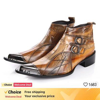 Fashion Luxury Men Boots Genuine Leather Ankle Sanke Boots Men Italian Business Dress Shoes Pointed Toe Cowboy Boots