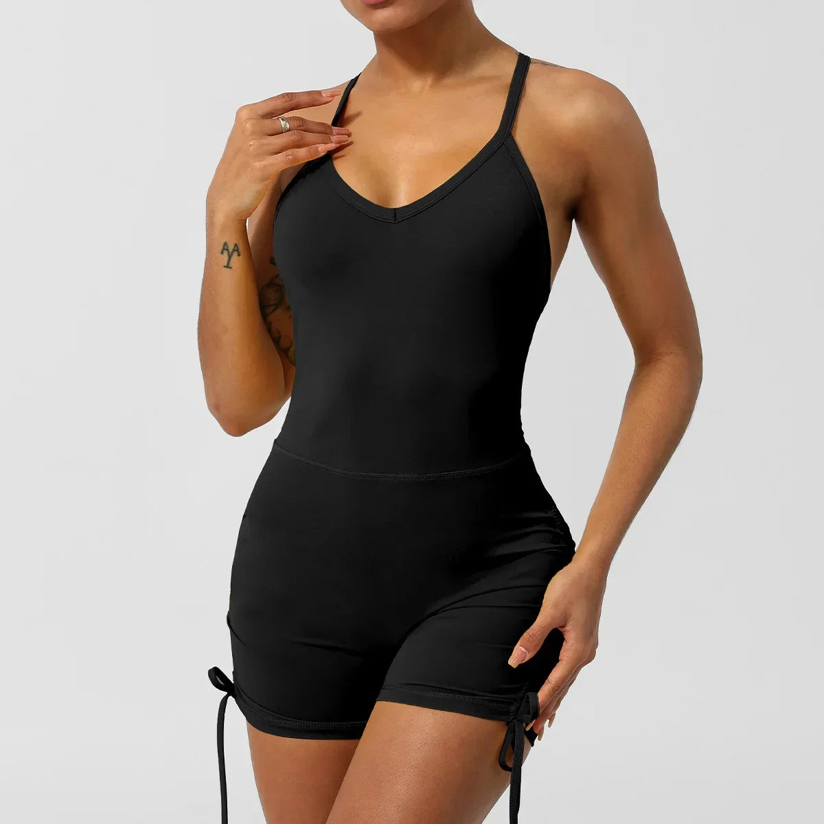 Sexy V Back Scrunch Sports Jumpsuit Women Yoga Rompers Hollow Out Cross Backless Slim Fit Drawstring Side Tight One-Piece Suit